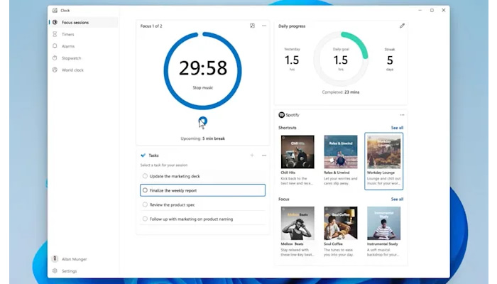 Η νέα λειτουργία focus timer  των Windows 11 θα λειτουργήσει με το Spotify